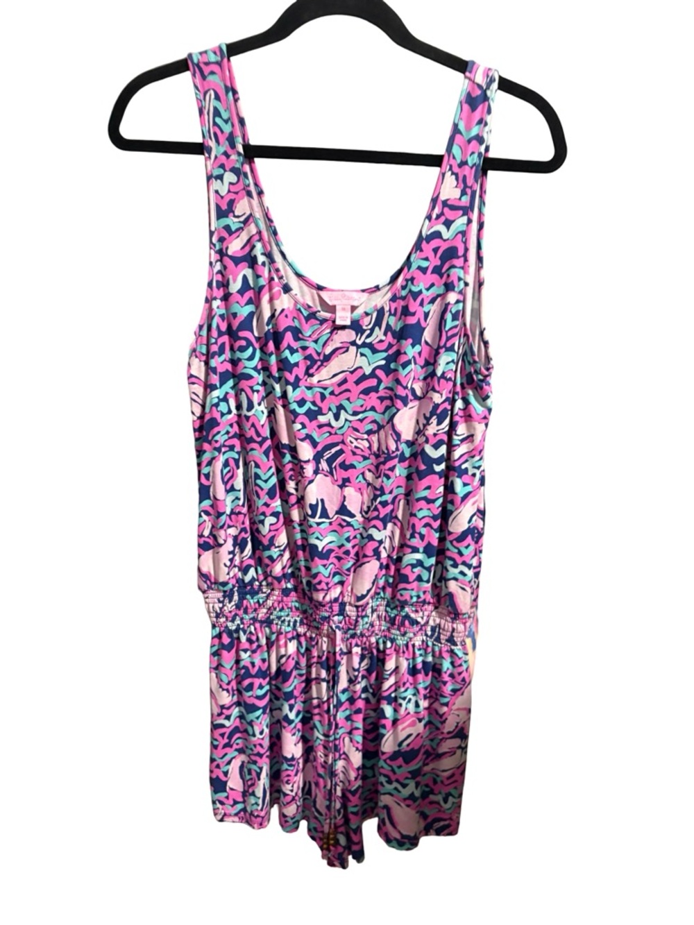 Lilly Pulitzer Donna Knit Shift Romper Blue Pink Paisley Gold Bead Drawstring